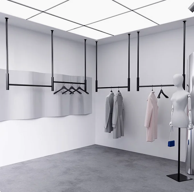 

Clothing store specific display rack hanger for men's and women's clothing hanging on the wall