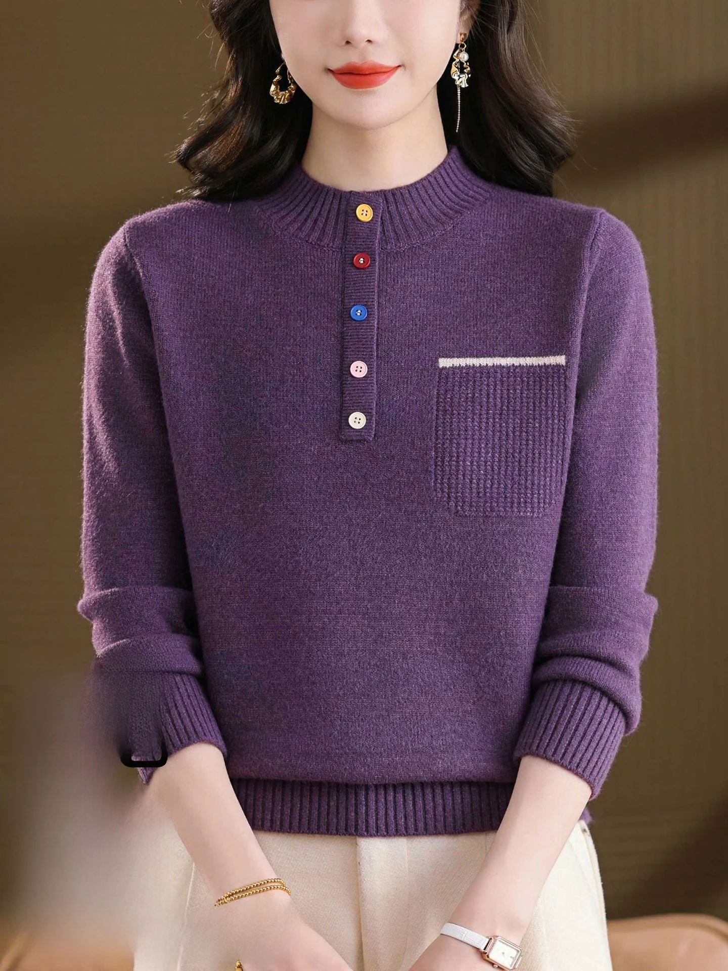 Suéter de Lã Tricotado sso e E para Mulheres, Gola Alta, Top Quente para Outono e Inverno, Nova Chegada, Estilo Cas...