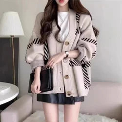 Knit Cardigan Women Print V Neck Long Sleeve Casual Sweaters Single Breasted Thick Coat Loose Elegant Lady Autumn Winter