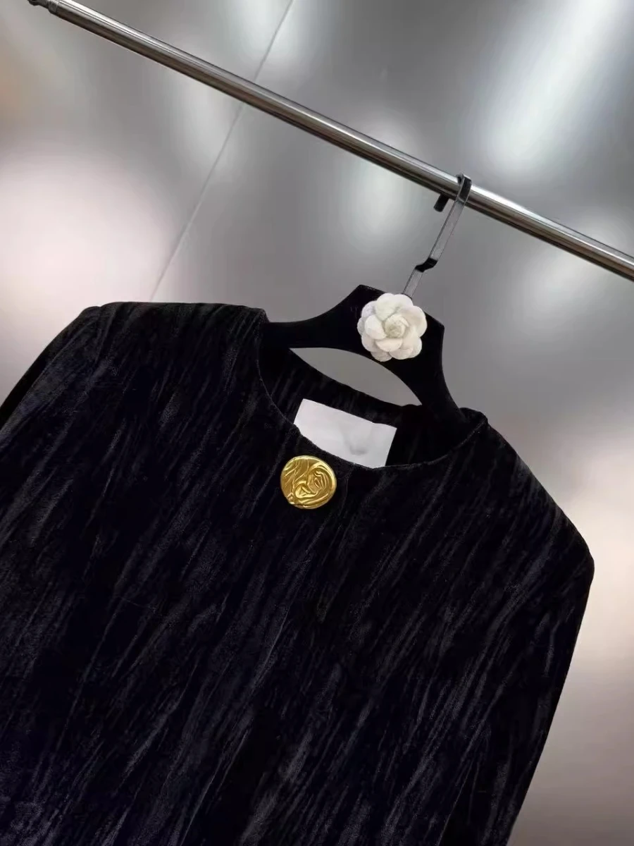 CHICEVER الفرنسية الفاخرة المخملية معطف قصير للنساء س الرقبة طويلة الأكمام المرقعة مشبك معدني أنيقة الرجعية سترة الإناث جديد