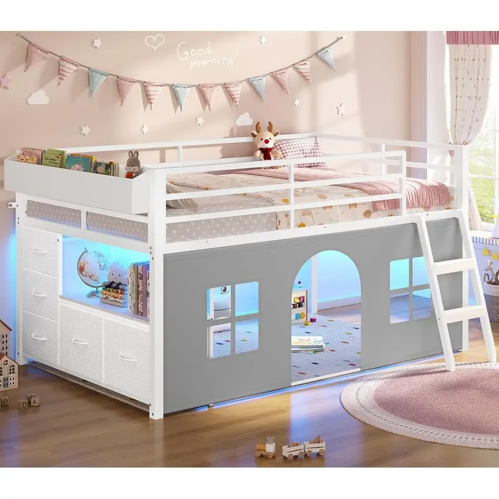 

Twin Size Kids Loft Bed with Tent, Storage Drawers, LED Lights, Bookcase, and Play Space, White