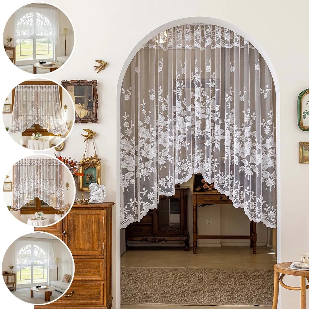 

French White Lace Sheer Triangle Curtains Flower Embroidered Sheer Door Curtain for Kitchen Window Cabinet Cortinas Habitación