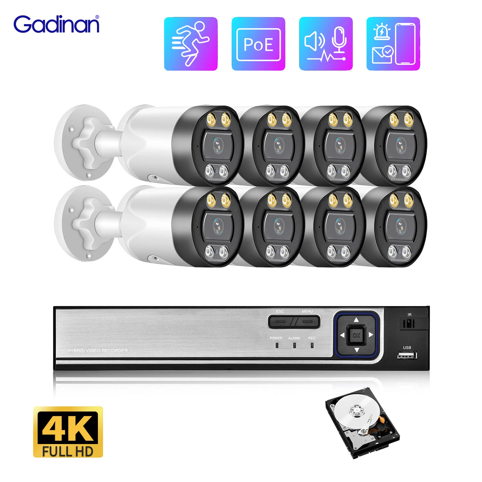 

IP-камера Gadinan HD 4K 8 Мп, 4/8 каналов, NVR, P2P, ночное видение, двустороннее аудио, система видеонаблюдения