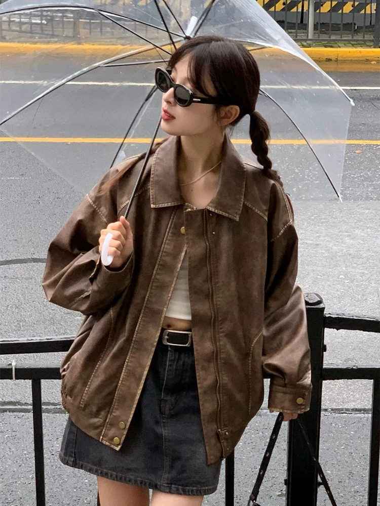 Vintage Short Leather Moto Jacket Winter Warm Women Loose Leather Suit Blazers Streetwear Female Fashion Korean Thin Biker Coats