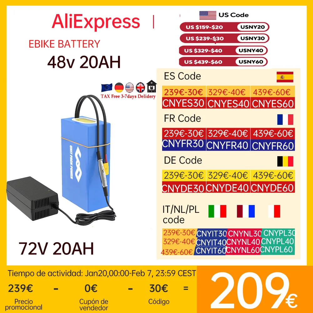 48V 72V 60V 36V 20Ah  Ebike Battery PVC 52V 24AH Escooter Batteria Pack for Electric Bicycle 2000W 1800W 1500W 1000W 750W 500W