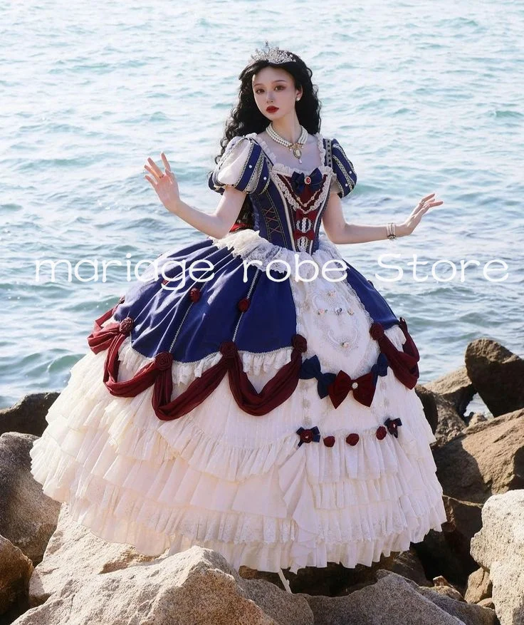 Robes de Rhvictoriennes avec nœud floral plissé, corset à lacets, robe de soirée Lolita, costume d'Halloween, manches amovibles, blanc bleu marine