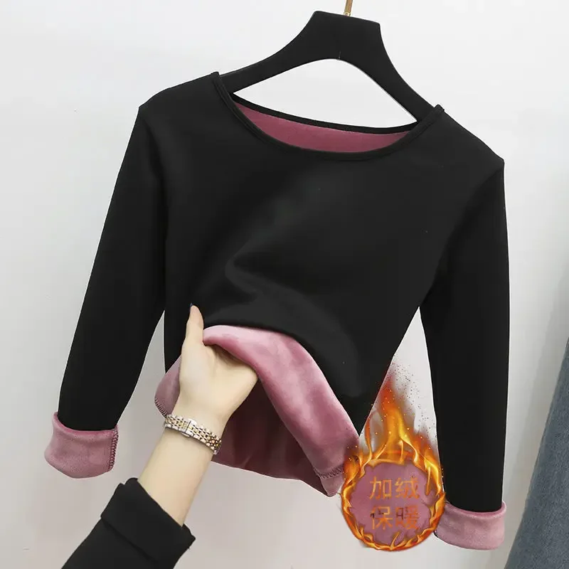 2024 Plus Velvet Tops Padded Round Neck T-shirt Women Winter New Thermal Underwear Constant Temperature Bottoming Shirt