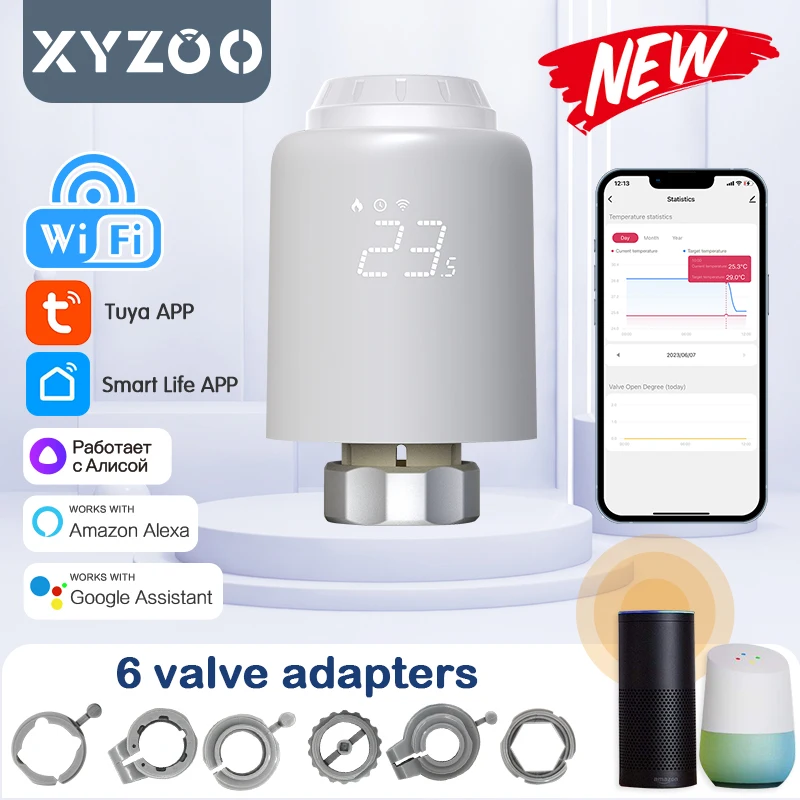 Válvula de radiador inteligente TRV, termostato WiFi, actuador programable, cabezal termostático Tuya, No necesita Zigbee, compatible con Alexa y Google Home