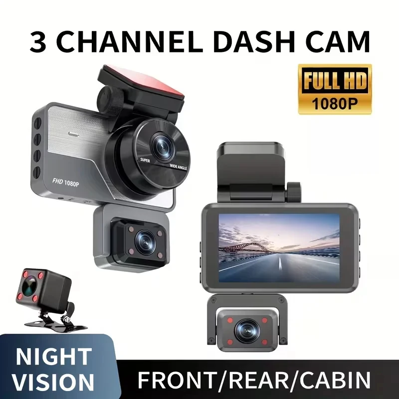 1080P HD Three-Lens Dashcam with Cross-Border Night Vision, Rearview Camera, Loop Recording DVR - Compatible with Any Vehicle