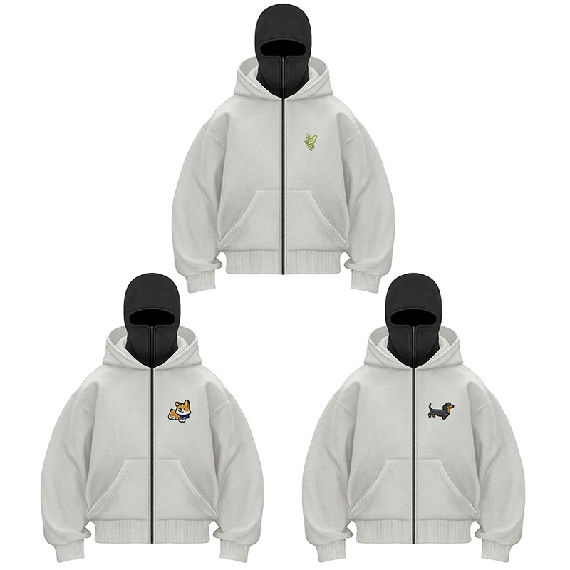 Y2K Fashionable Hip-hop Sweatshirt Casual Gothic Men's Top Ninja Zipper Gray Hoodie Embroidery Graphic Double Layer Cold Jacket