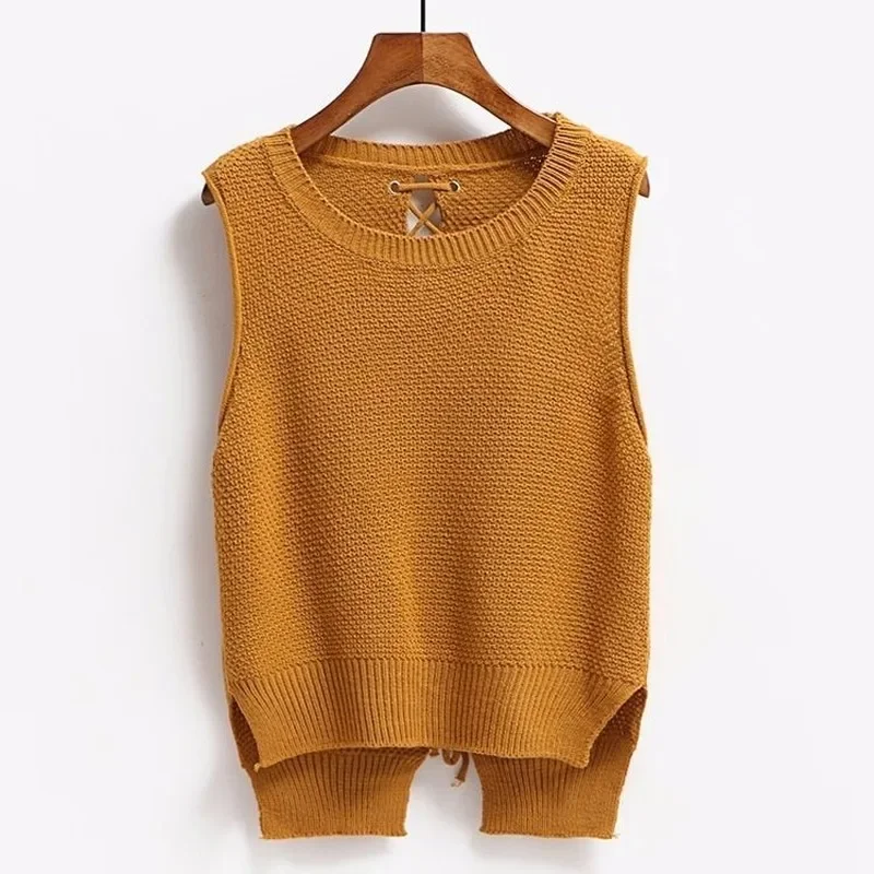 Round Neck Short Front Long Sweater Vest Women College Style Loose Large Size Casual Knitted Sweater Vest Pullover Female Spring