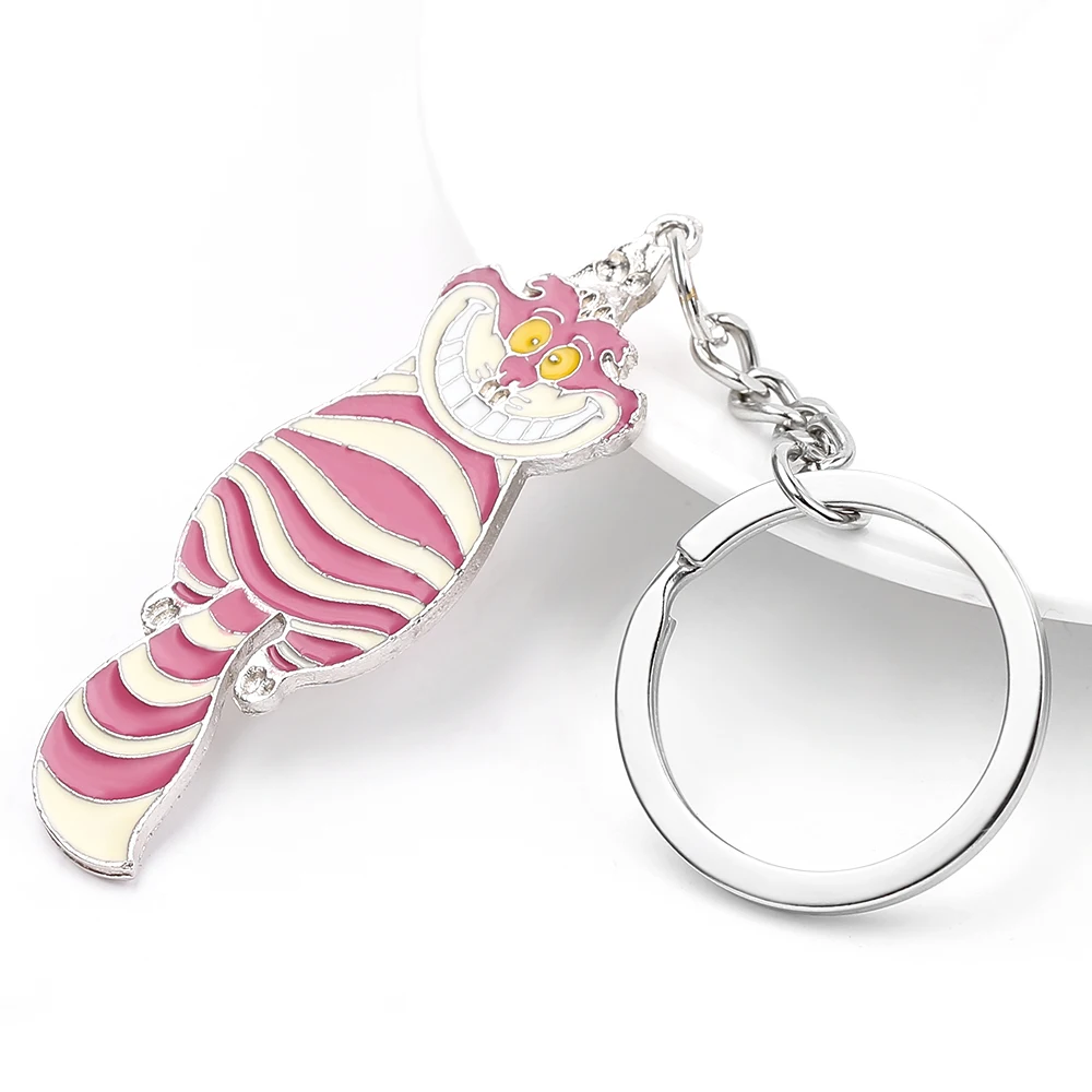 Anime Alice in Wonderland Keychain Cute The Cheshire Cat Enamel Pendant Keyring Cartoon for Men Women Jewelry Decoration Gift