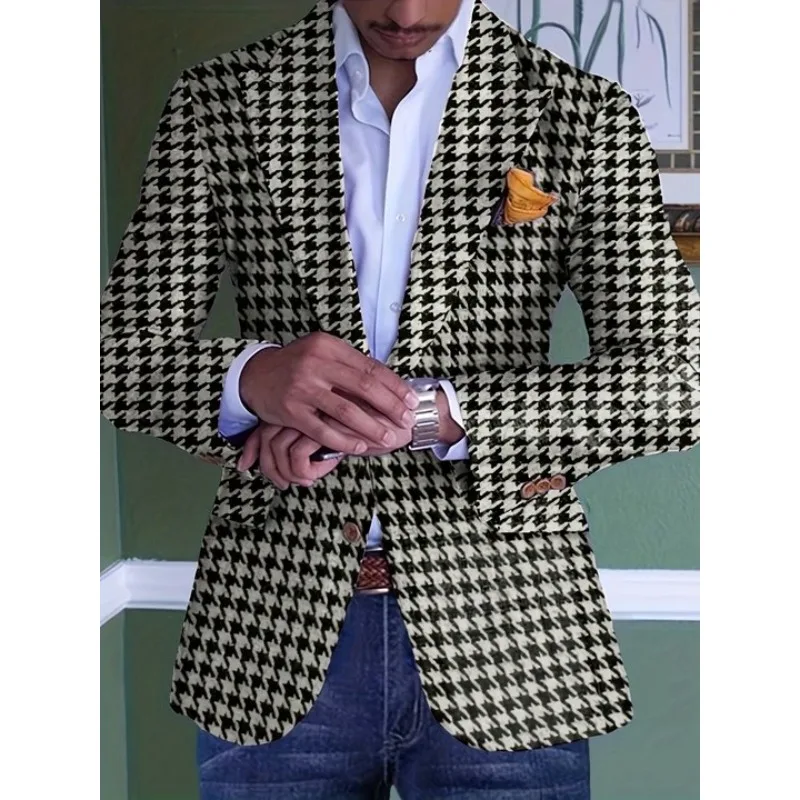 Blazer con patrón de pata de gallo para hombre, chaqueta de traje elegante con bolsillos, cuello de solapa de una sola botonadura, para oficina y