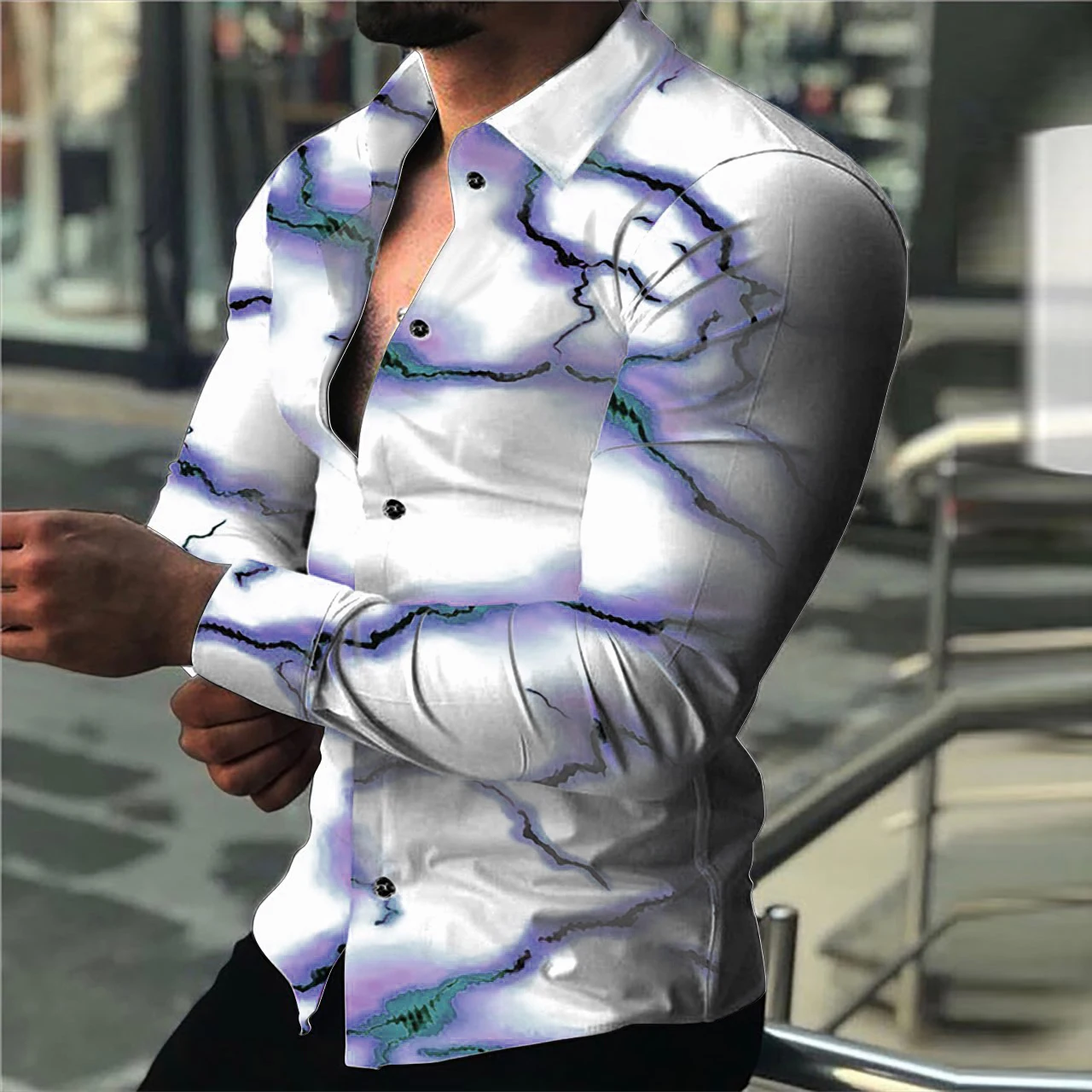 

Men's 2024 classic fashion long shirt trend loose and comfortable plus size single breasted 3D printed lightning pattern shirt