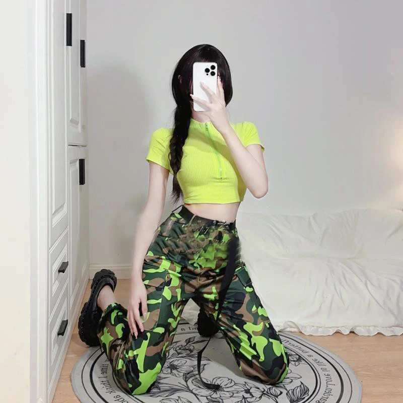 Jazz Dance Kostuum Groene Top Camouflage Broek Voor Vrouwen Hiphop Dance Kleding Gogo Kostuum Podium Performance Outfit Xs6469