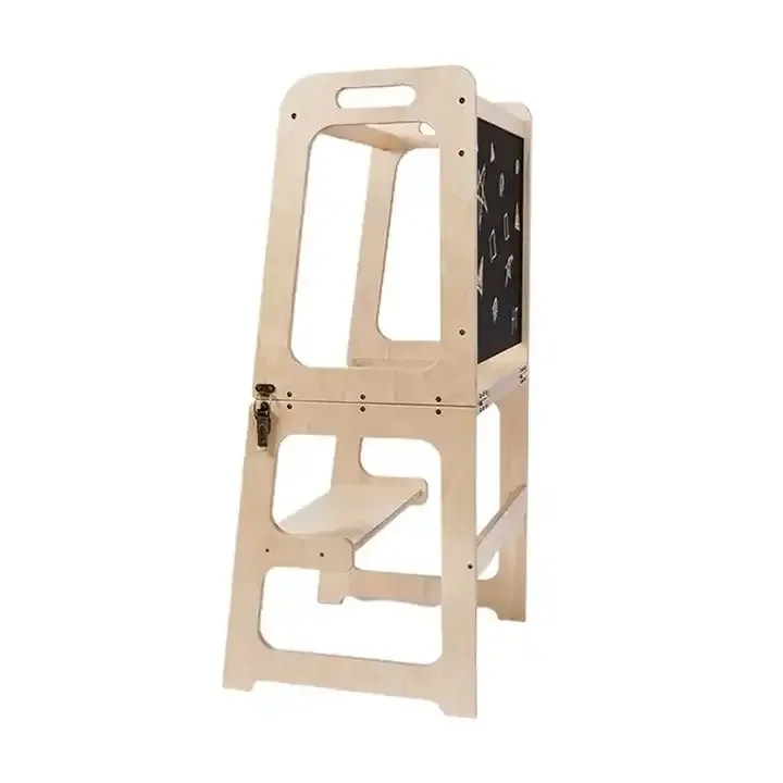 

Natural Wooden Foldable Children Learning Tower Multifunction 3 in 1 Wooden Step Stool With Blackboard for Boys and Girls