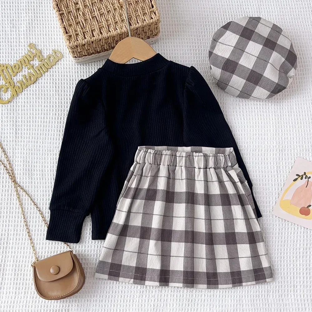 Girls Clothes Plaid Short Skirt+Black Pit Stripe Long Sleeved Shirt+Hat 3-piece Set for Spring/Autumn Simple Children's Clothing