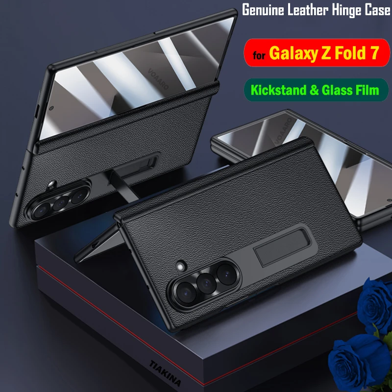 

Шарнир из натуральной кожи с полной защитой Funda для Samsung Galaxy Z Fold 7, чехол с поворотной подставкой и передней стеклянной пленкой
