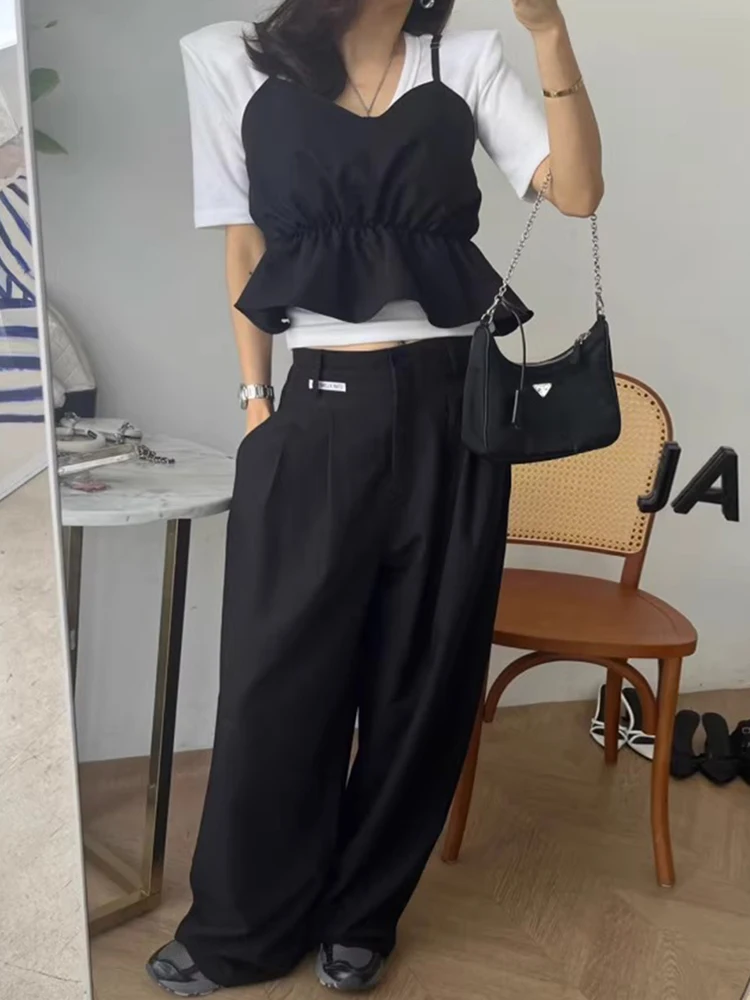 

Liangliang Home Folded ort Strap Vest Women's Summer New Vintage Aosphere Pleated Casual Wide Leg Pants Set