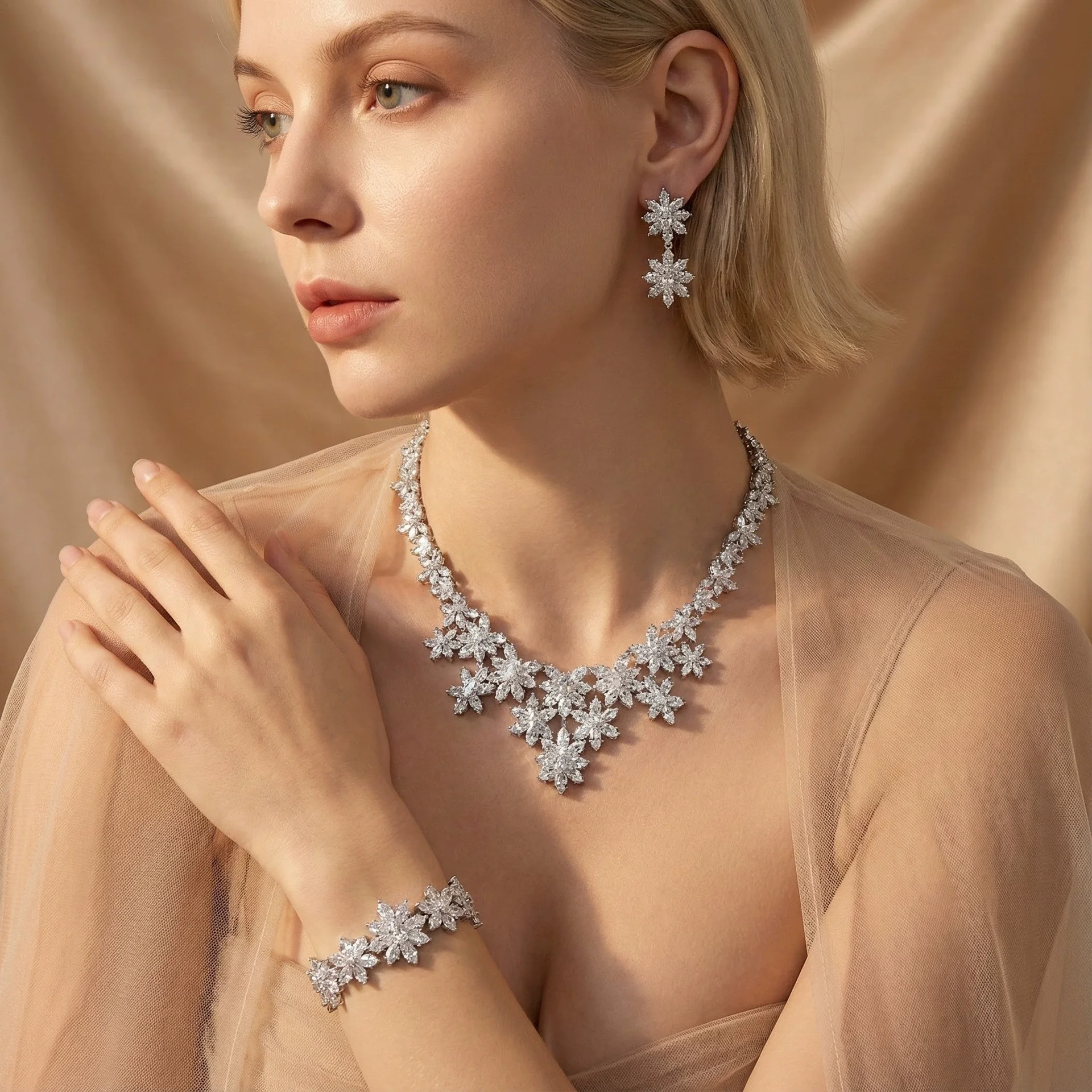 

Hip Hop Luxury Floral Vine Zircon Jewelry Set Noble Bride Necklace Earrings Party Fashion Accessories Wholesale