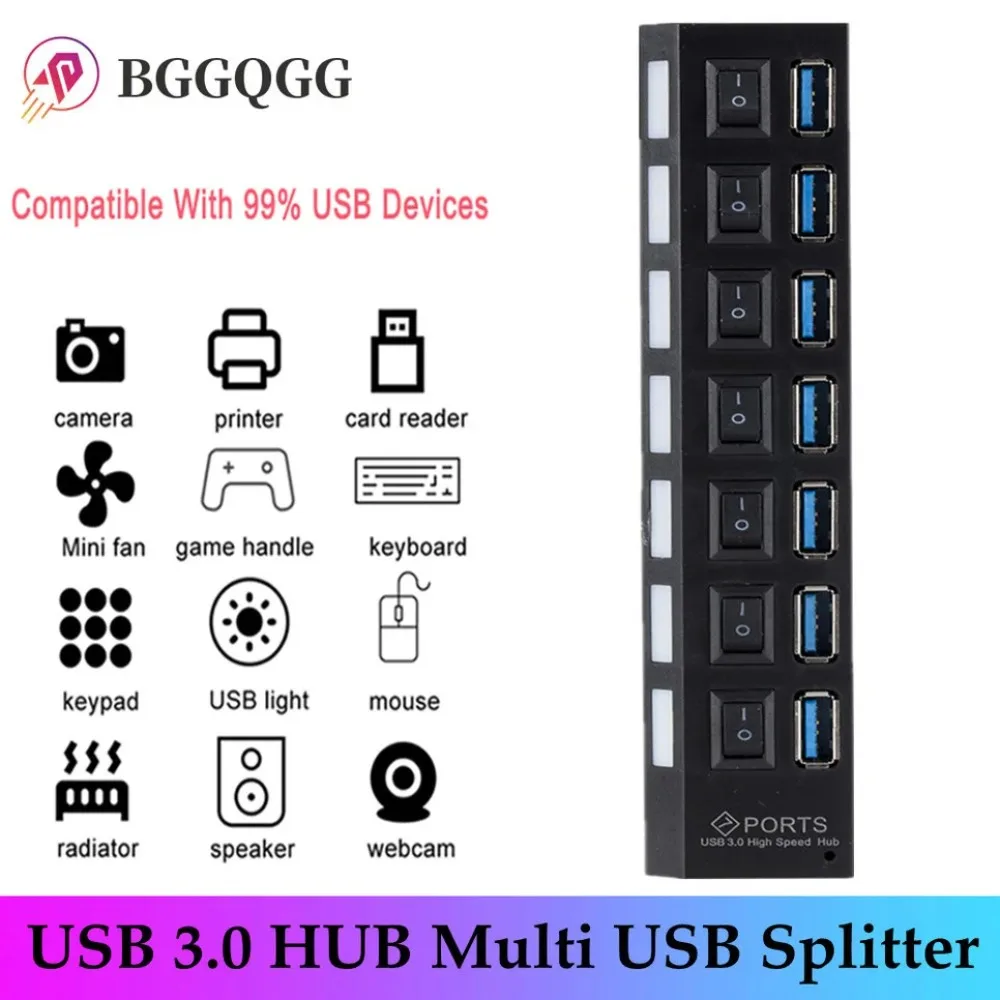 BGGQGG USB 3.0 Hub USB Hub 3.0 Multi USB Splitter 3 Hab Use Power Adapter 7 Port Multiple Expander  USB3 Hub with Switch for PC