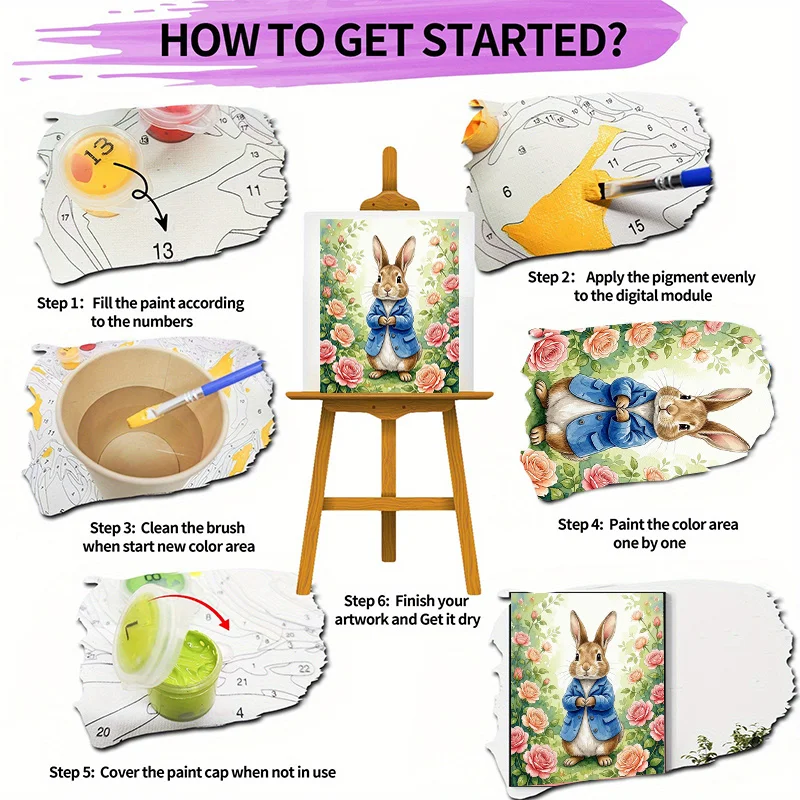 1 Set Professional Art Use Adult Paint by Numbers DIY Kit, Rabbit in Blue Jacket with Pink Rose Bush Pattern, 40x50cm/15.7x19.6i