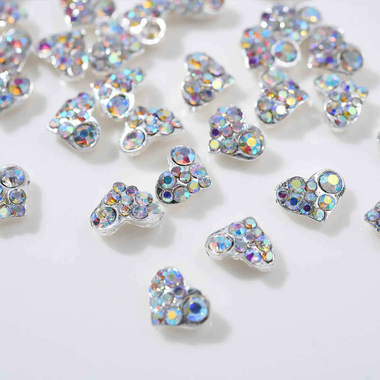 أظافر على شكل قلب ألماس جذابة ، ثلاثية الأبعاد فضي وأبيض k قلب حب ، أكسسوارات معدنية فاخرة ، 6x8x10 مجوهرات للأظافر