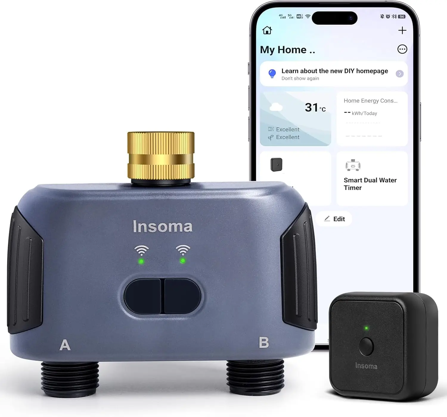 

Wi-Fi таймер полива с управлением через приложение, голосовым управлением Alexa, функцией отсрочки полива при дожде и ручным режимом для садовых шлангов и оросителей