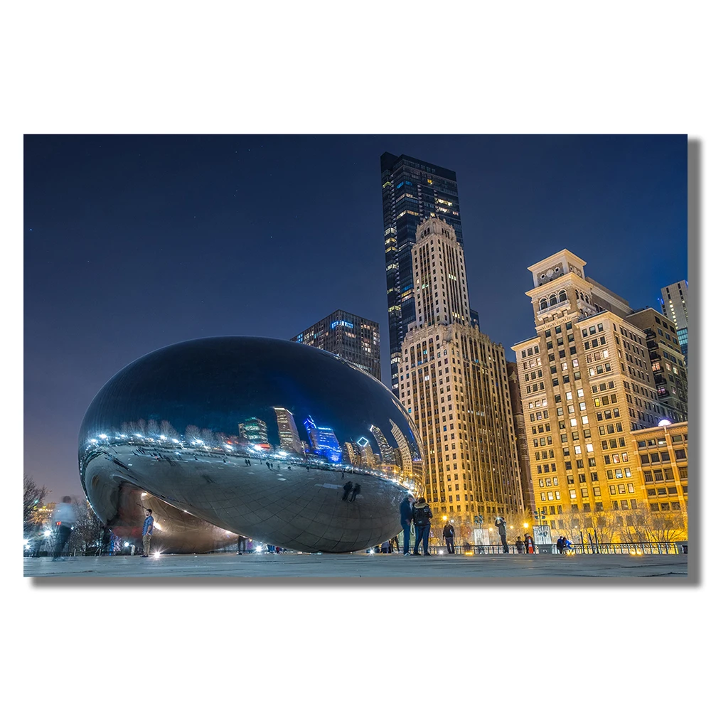 YJ006 Cloud Gate Gorgeous City Nightscape Famous Building Silk Fabric Poster Wall Art Decor Fashion Gift