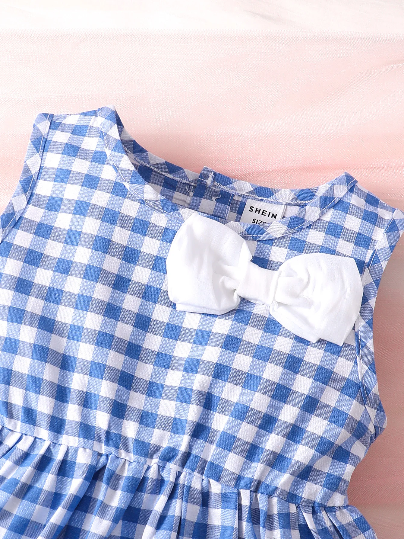 2pcs Summer Baby Girl Set Casual Vacation Fashion Buttons Blue Plaid Bow Sleeveless Dress + Hat Set  9M-3Y