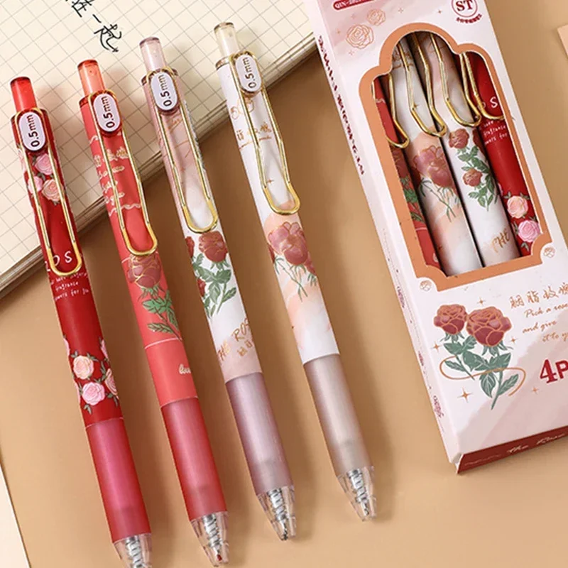 4pcs 0.5mm Black Ink Gel Pens Vintage Roses Signature Pens Korean Stationery Students Gifts School Office Writing Supplies