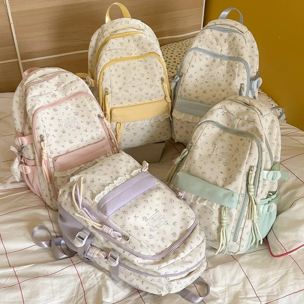 Stylish Lace Decor Floral Print Backpack Ultra Lightweight Star Pendant Bookbag Large Capacity Fresh Aesthetic Daypack Shopping