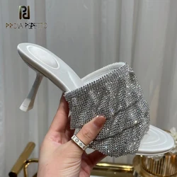 Amazing Bling Bling Party Slipper Shoes Diamond Fringe Peep Toe Sexy Thin Heel T-show Runway Sandal Summer Stylish Mules