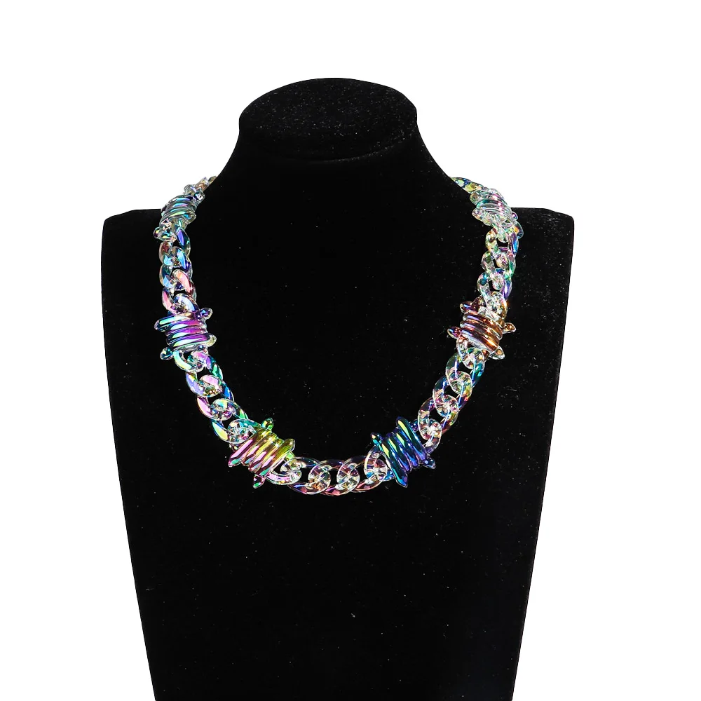 New Punk Iridescent Clear Acrylic Chain Lock Pendant Necklaces for Men Women HipHop Spike Chain Collar Fashion Jewelry Gifts