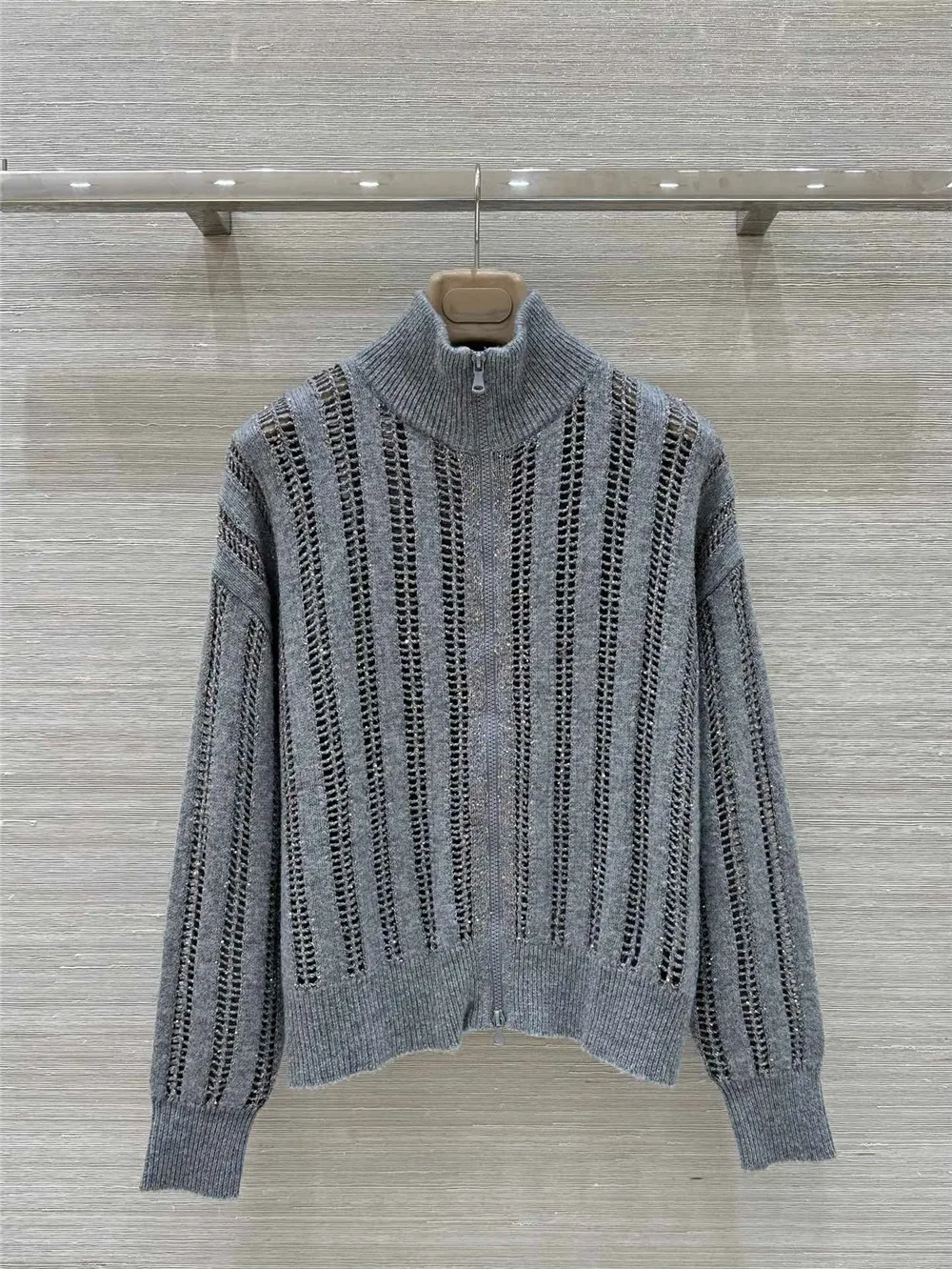 24 Women\'s Cashmere Beaded Hollow Cardigan Sweater High Collar Temperament Knitted Long-Sleeved Top