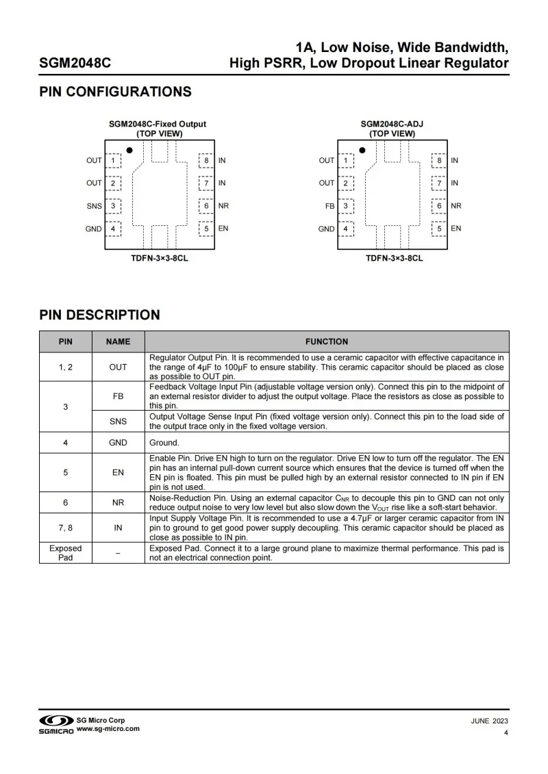 10Pcs SGM2048C-3.3XTEK8G/TR TDFN-8,Fixed output voltage 3.3V,1A,Low Noise,Wide Bandwidth,High PSRR,Low Dropout Linear Regulator