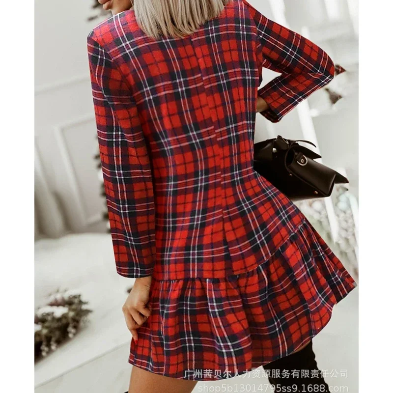 Women\'s Dress Women\'s Casual Long Sleeve O-Neck Pleated Stitching Dress Summer Sexy Plaid Slim Fit High Waist Dress