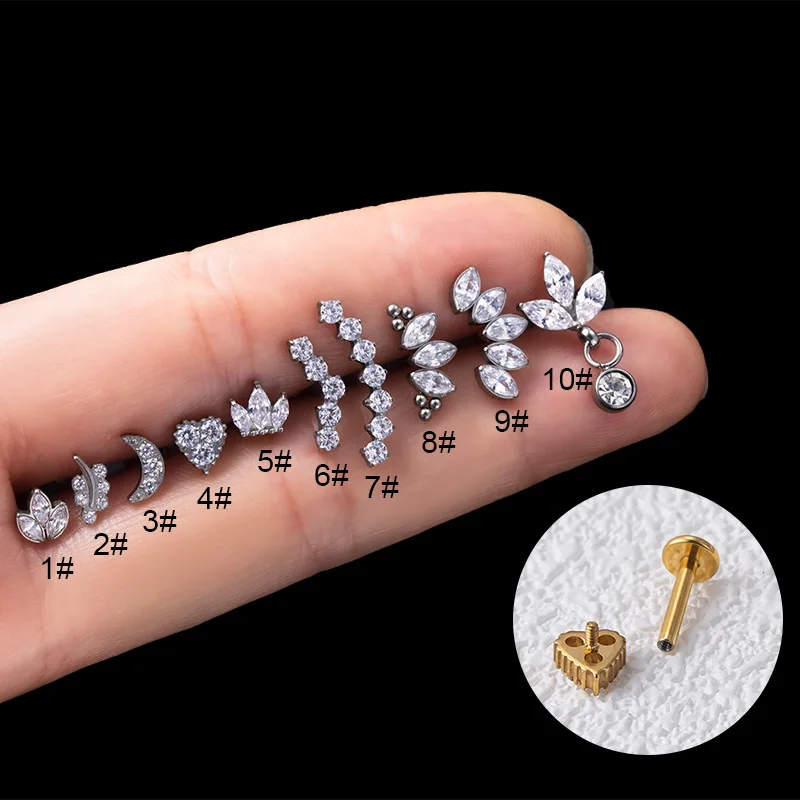 F136 Titanium Piercing Labret Studs Internal Thread CZ Leaf Crown Helix Conch Cartilage Tragus Lip Stud Earrings Body Jewelry