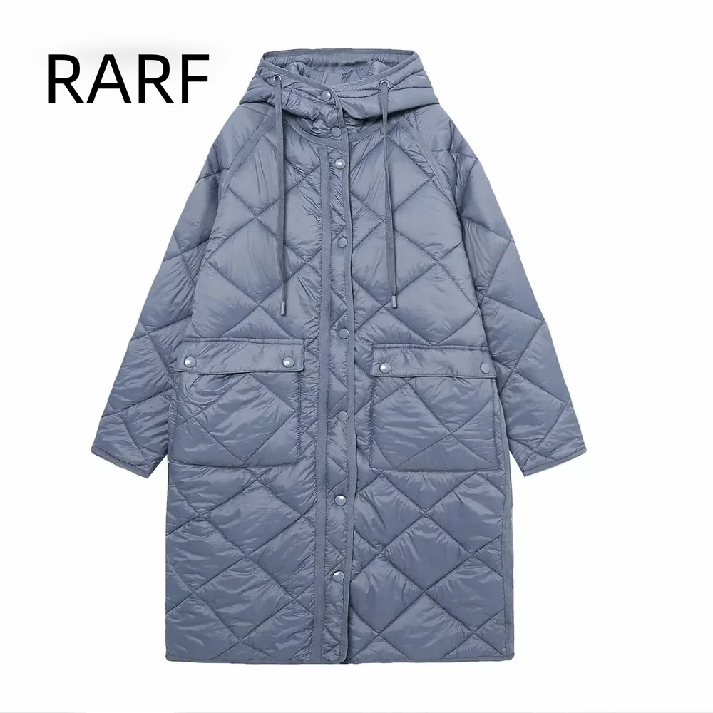 Cotton coat women\'s 2024 winter new blue diamond grid pocket decoration hooded long version cotton coat