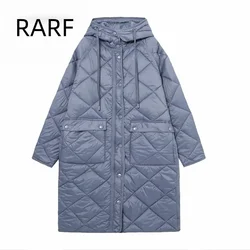 Cotton coat women's 2024 winter new blue diamond grid pocket decoration hooded long version cotton coat