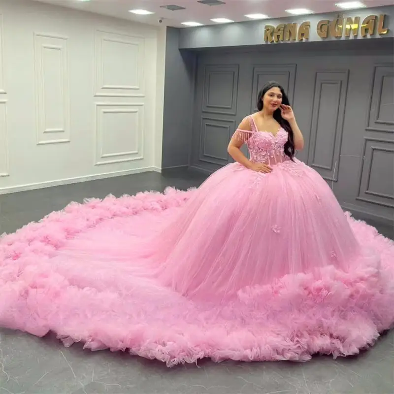 Customized Mexico Pink Bead Appliques Quinceanera Dresses Ball Gown Tassel Birthday Luxury Dress Ruffles Princess Gown Sweet 15