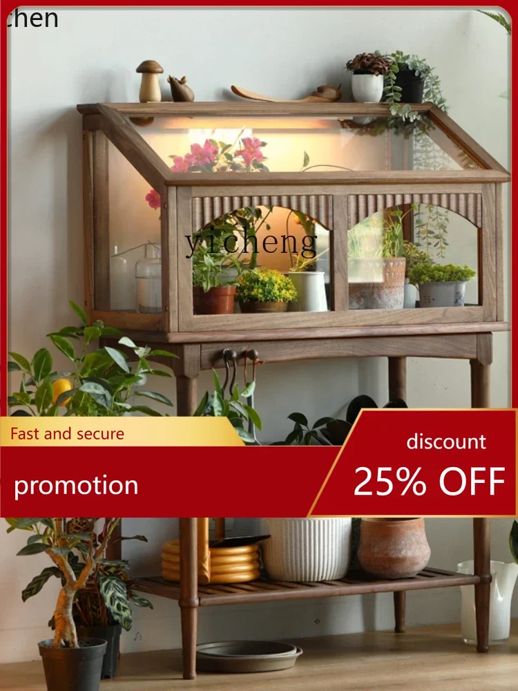 

ZMLNordic Retro Black Walnut Balcony Glass Flower Stand Courtyard Shelf