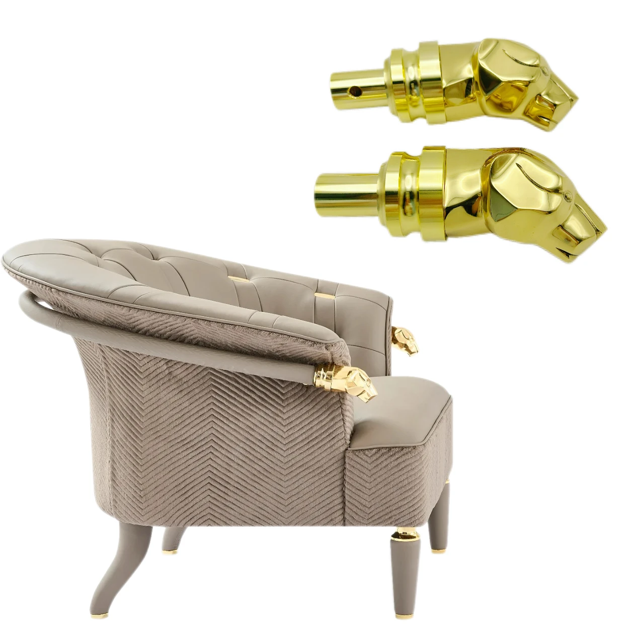 

Luxury Italian Style Golden Brass Leopard Head Design Armrest Hardware for High-End Sofa