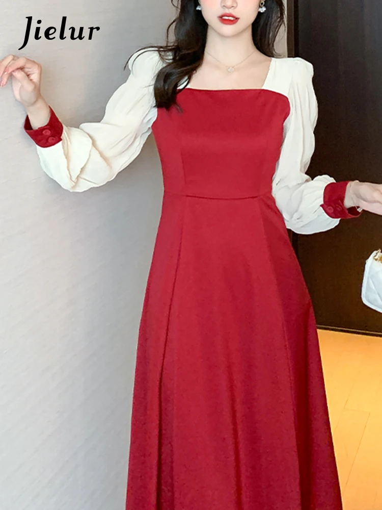 Jielur Elegant Simply Casual Slim Waist Women Dresses Classic Fashion Office Ladies Spell Color Autumn Female Dress Red White