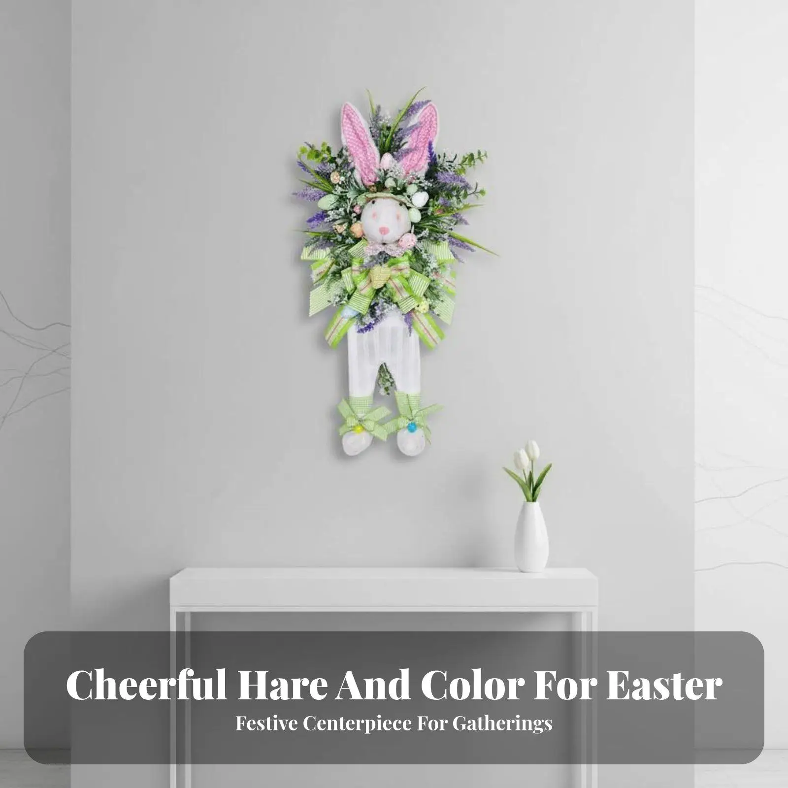 Spring Easter Bunny Wreath Cartoon Rabbit Floral Door Hanger Artificial Lavender Decor Porch Wall Home Entrance Garden Party
