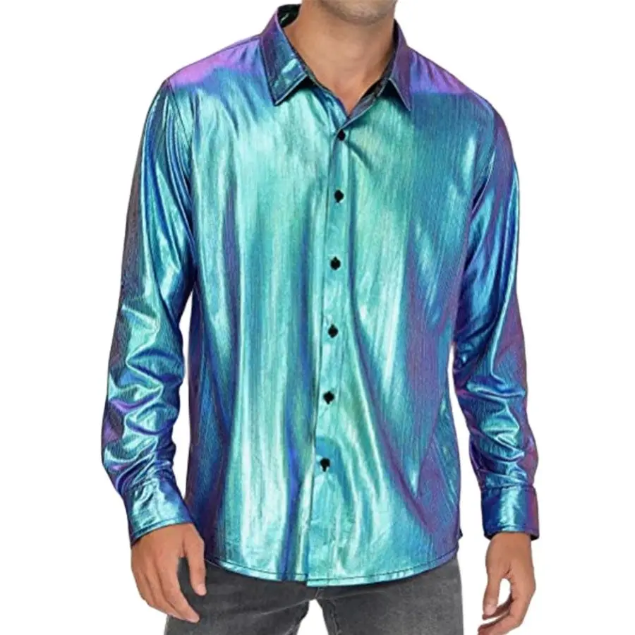 

Mens Shiny Metallic Dress Shirts Long Sleeve Button Up Shirt Men 70s Disco Party Costume Nightclub Stage Prom Chemise Homme 3XL