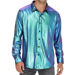 Camisas de vestir metálicas brillantes para hombre, camisa de manga larga con botones, disfraz de fiesta de discoteca de los años 70, escenario, graduación, 3XL