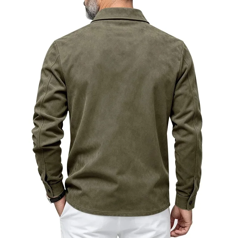 Herren-Freizeitjacke aus Kunstwildleder mit Kragen, langen Ärmeln, Knopfleiste vorne und Brusttaschen, geeignet für Frühling und Herbst. – Detail 14