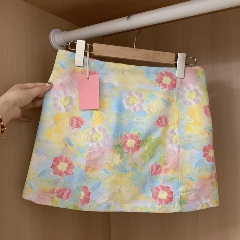 Skirts Women Sweet Candy Colors Summer Holiday Mini Faldas Mujer A-line Fashion Korean Lovely High Street Y2k Floral Casual Ins