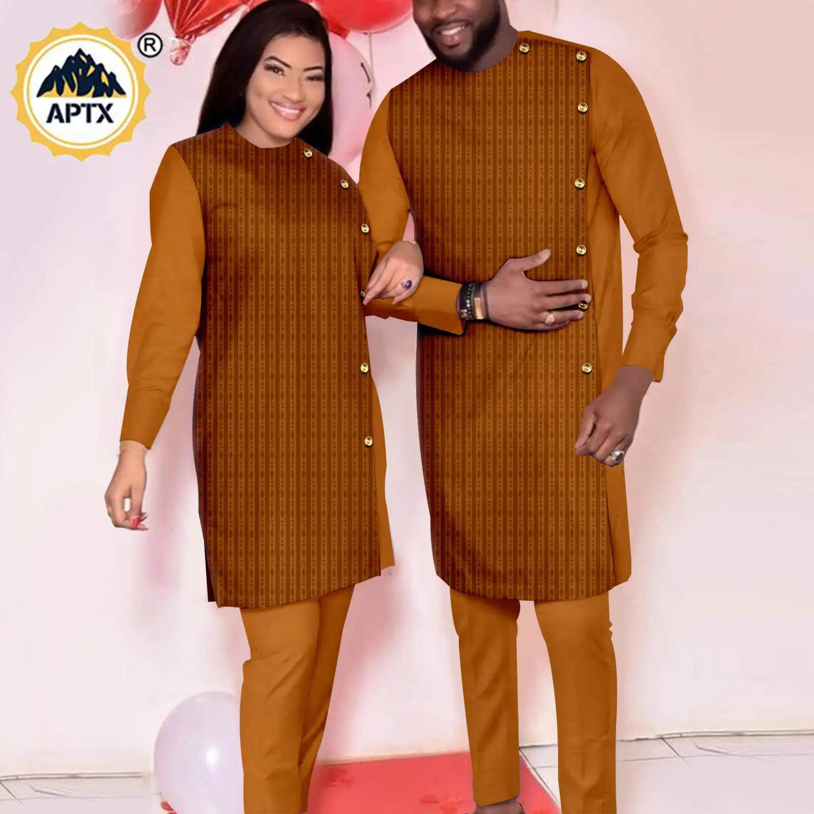 Traditional African Couples Clothes Dashiki Women Long Top and Pant Sets Matching Men Outfits Bazin Riche Kaftan Outwear Y22C065